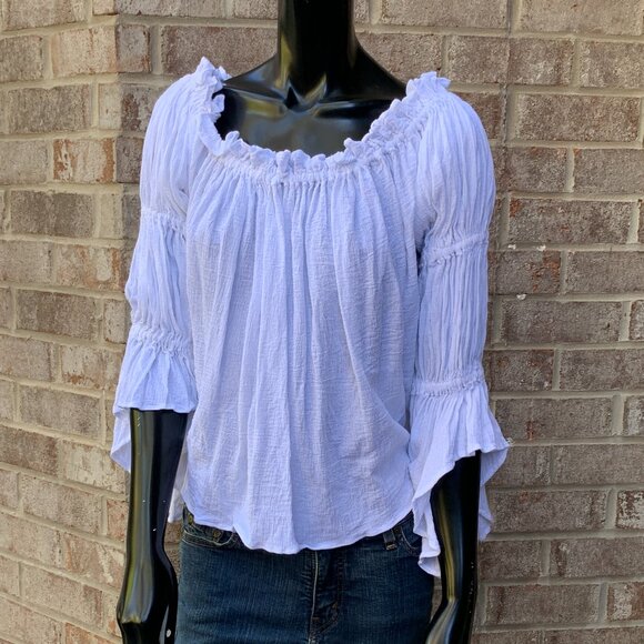 Crinkle Gauze Renaissance Pull Over Blouse with Flounced Sleeves - Picture 7 of 12